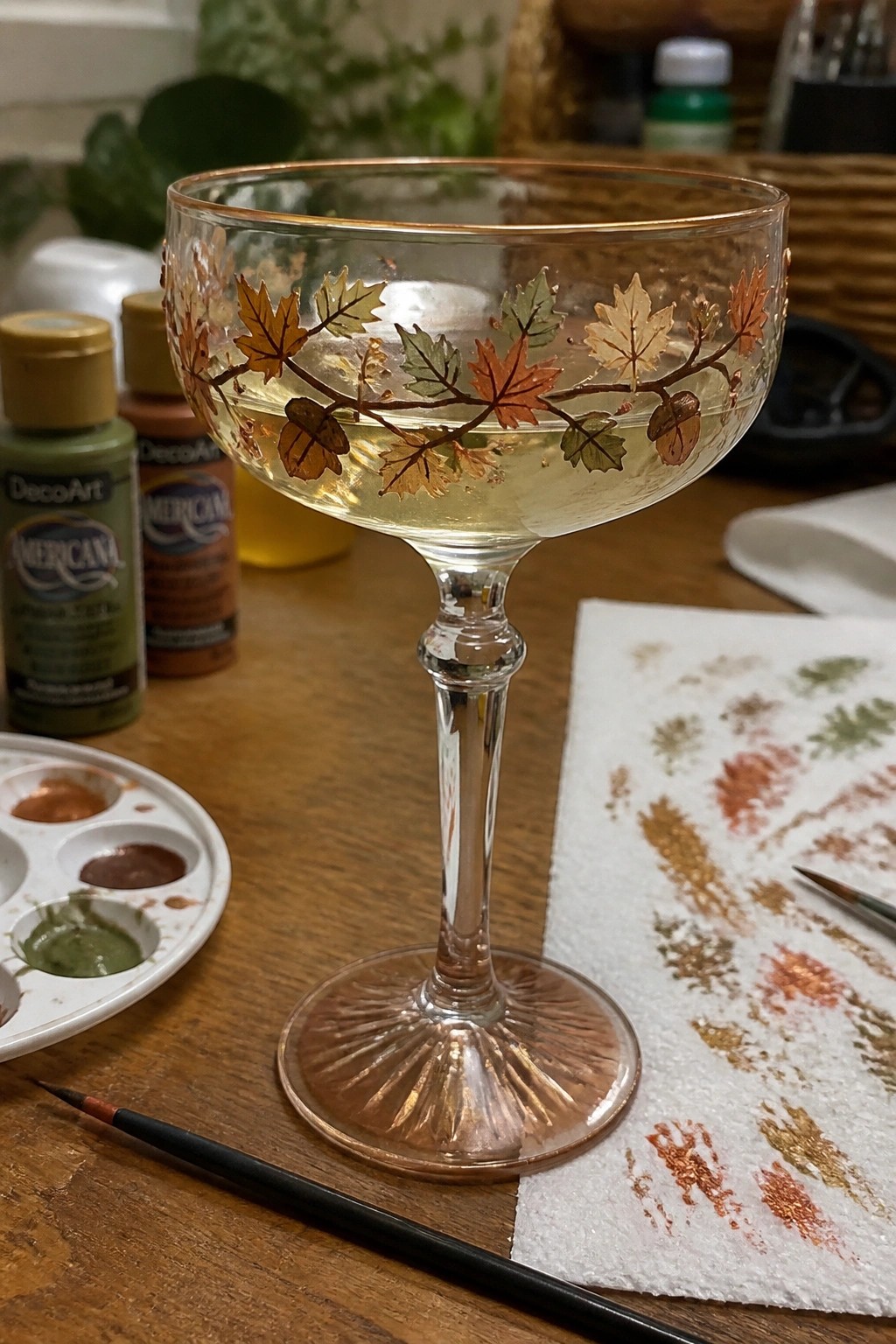Hand-painted coupe glass with autumn leaves beside paint palette, bottles, and brushes on wood.
