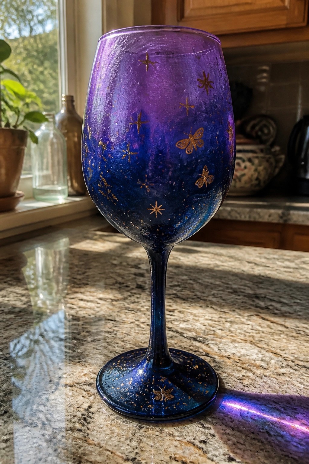 Purple blue ombre wine glass with gold stars and butterflies on granite counter