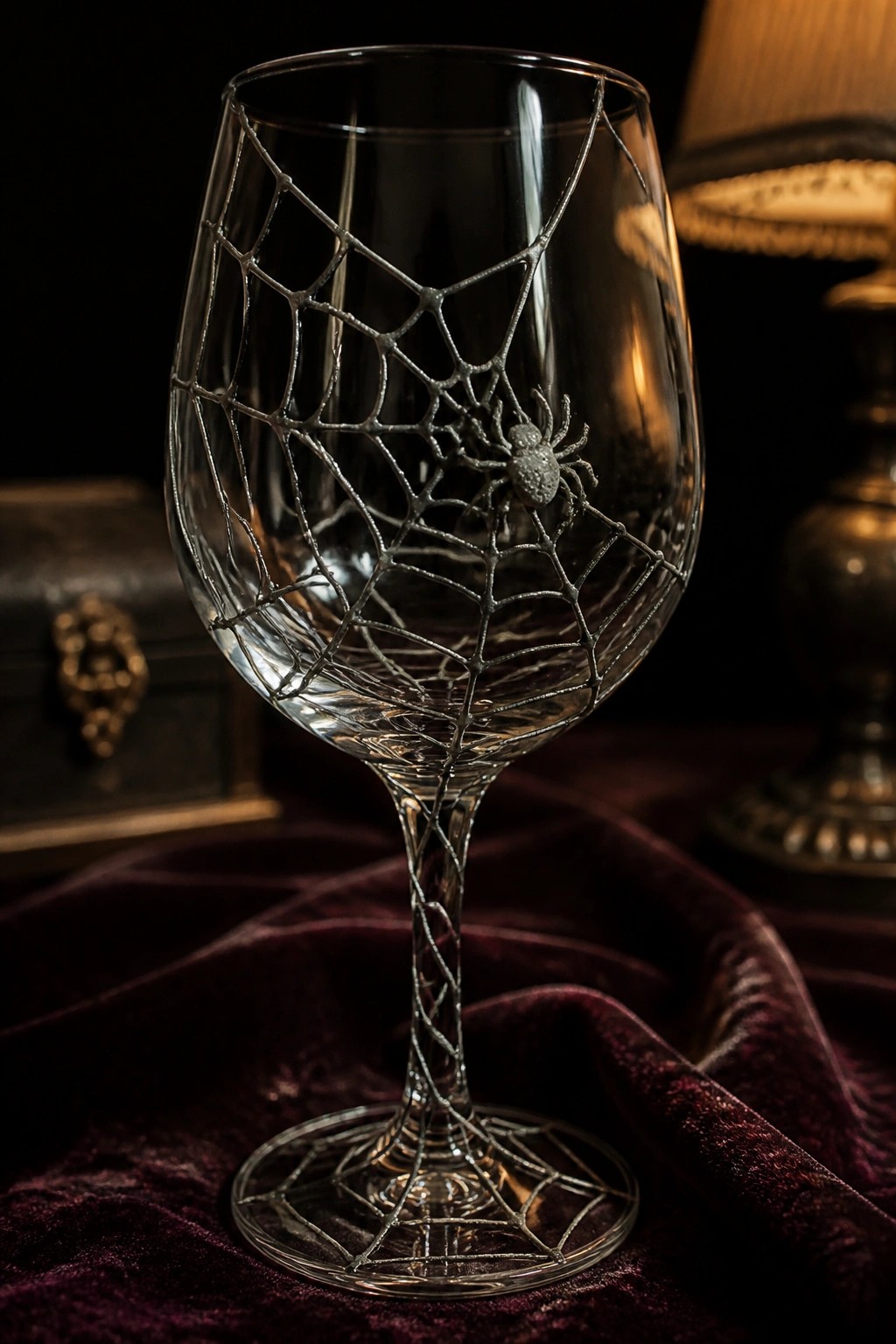 Wine glass wrapped in metallic spiderweb with spider on purple velvet fabric
