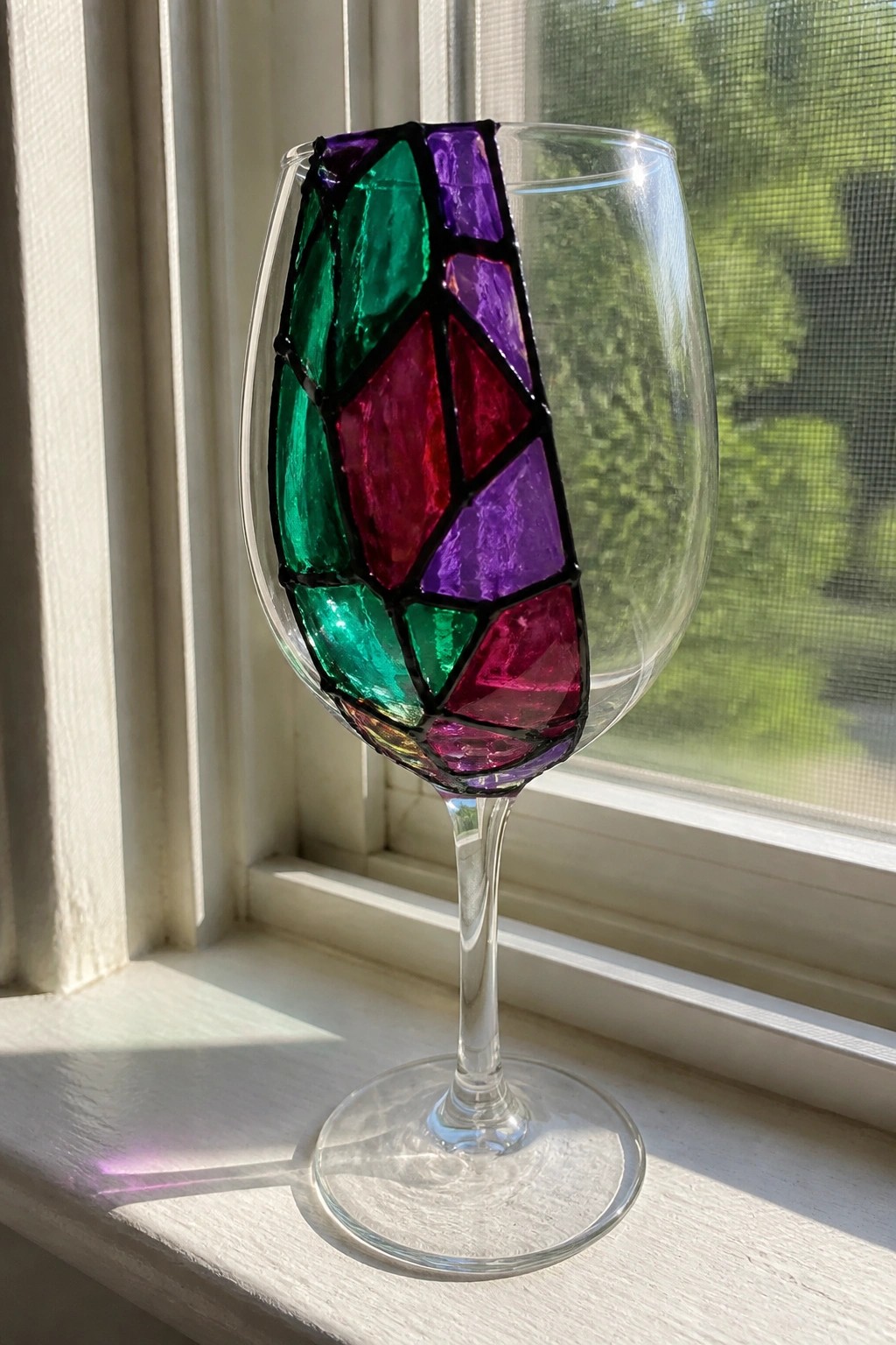 Wine glass with green purple and pink stained glass mosaic on windowsill