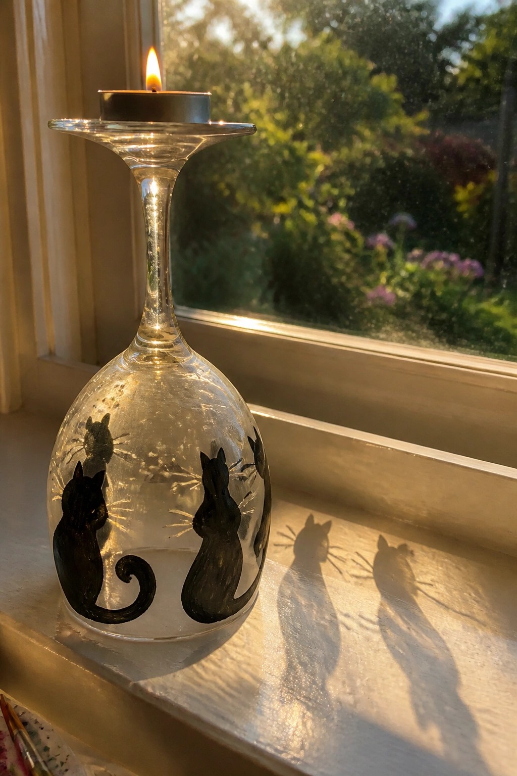 Upside-down wine glass with black cat silhouettes painted on the bowl and a lit tea light on the base, placed on a windowsill.