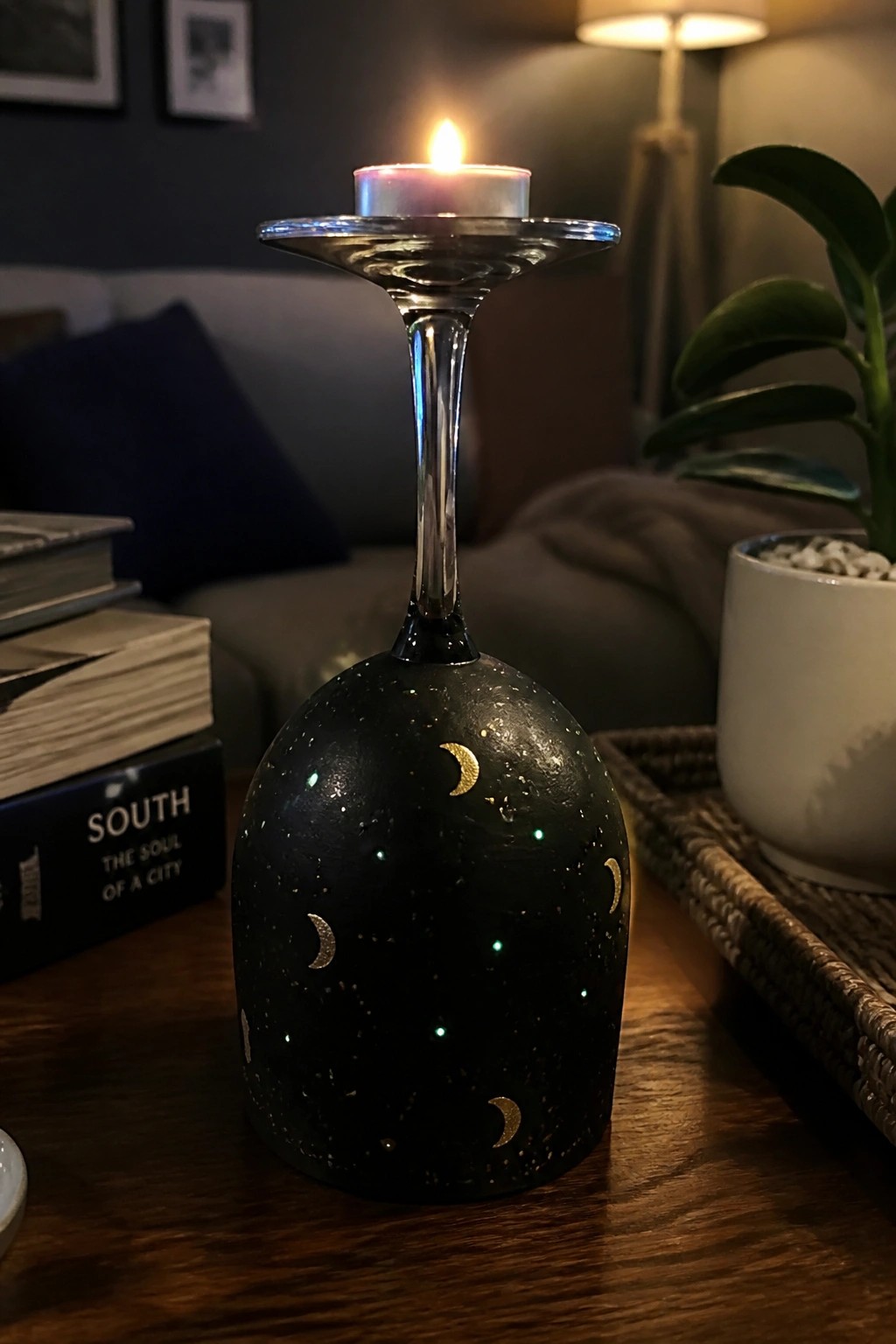 Lit candle in black wine glass holder painted with gold moons and stars