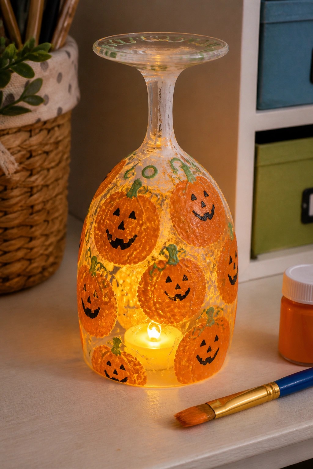 Lit wine glass lantern with painted jack-o'-lanterns glowing from tea light candle.