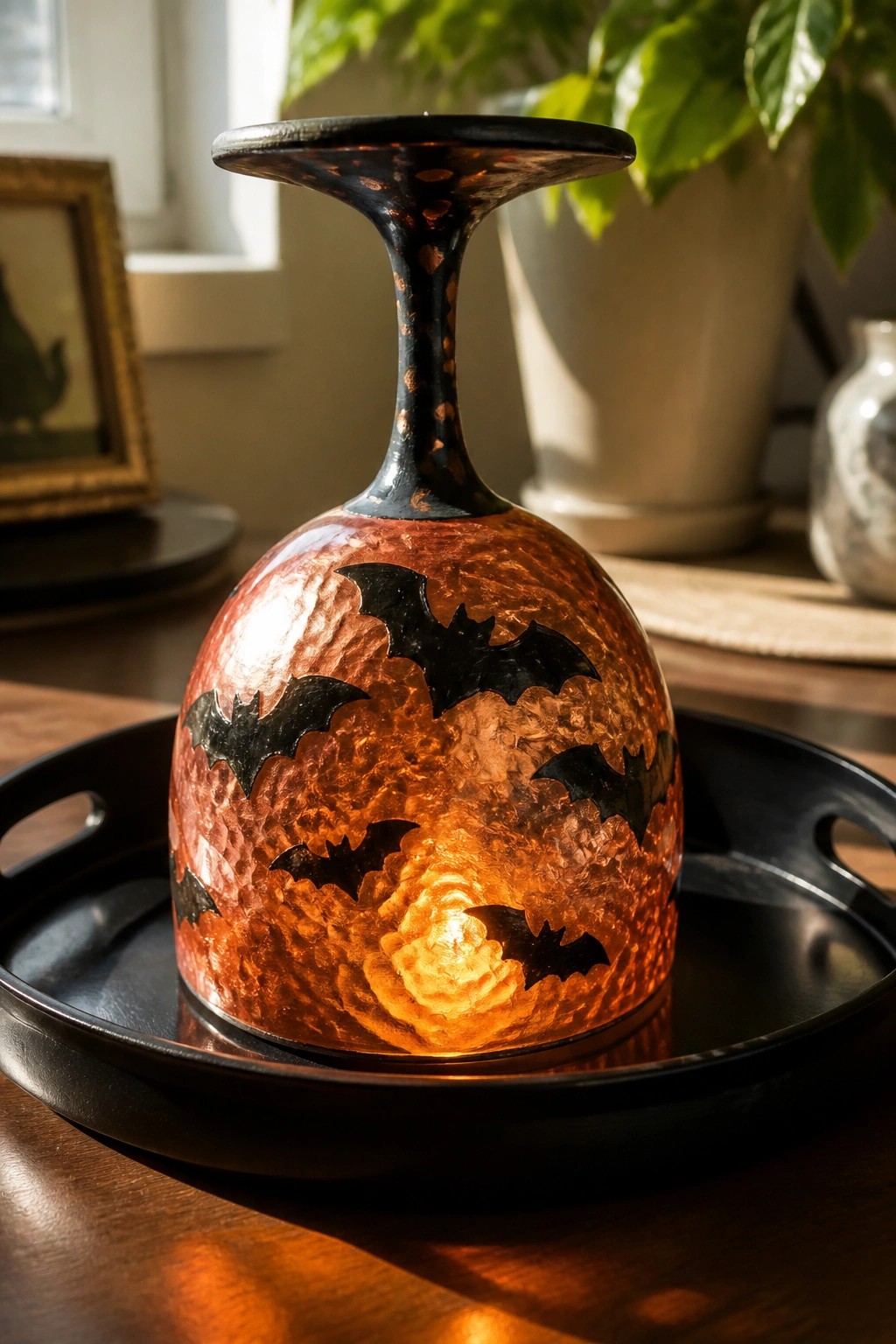 Glowing orange hammered lantern with black bats on a black tray.