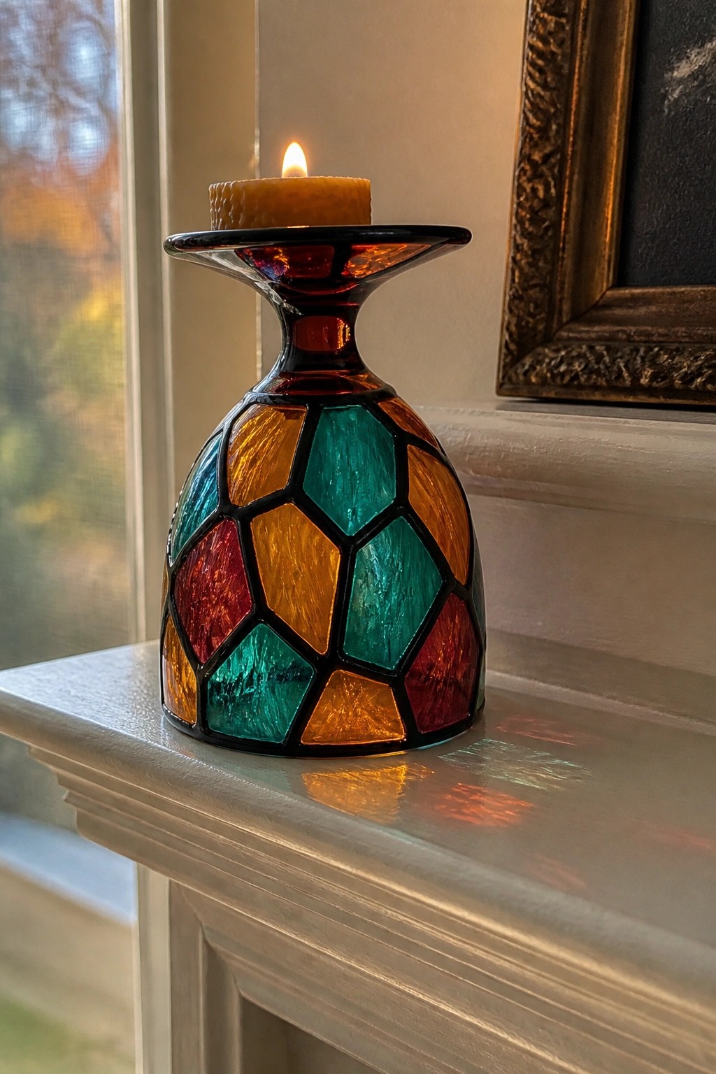 Lit candle in vibrant multicolored stained-glass holder glowing on white mantel