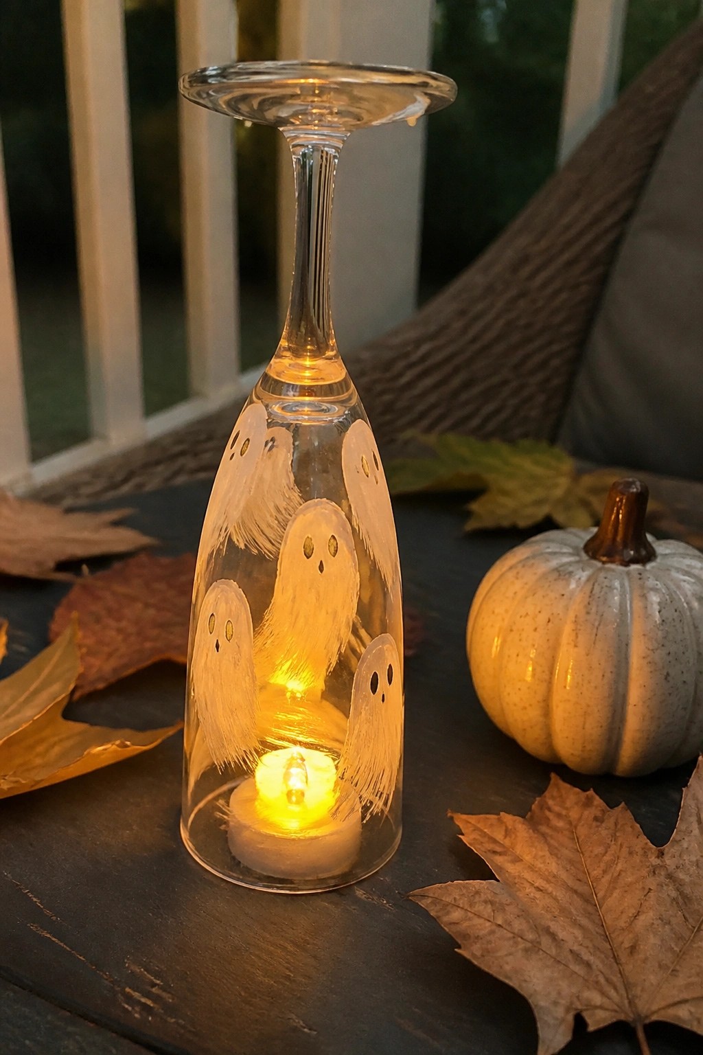 Glowing ghosts on inverted wine glass lit by candle amid autumn leaves and pumpkin.