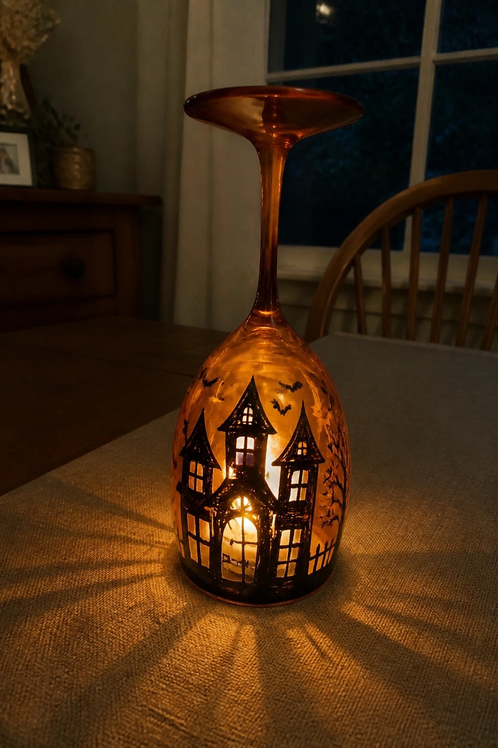 Glowing amber wine glass with black haunted house and bats design on table.