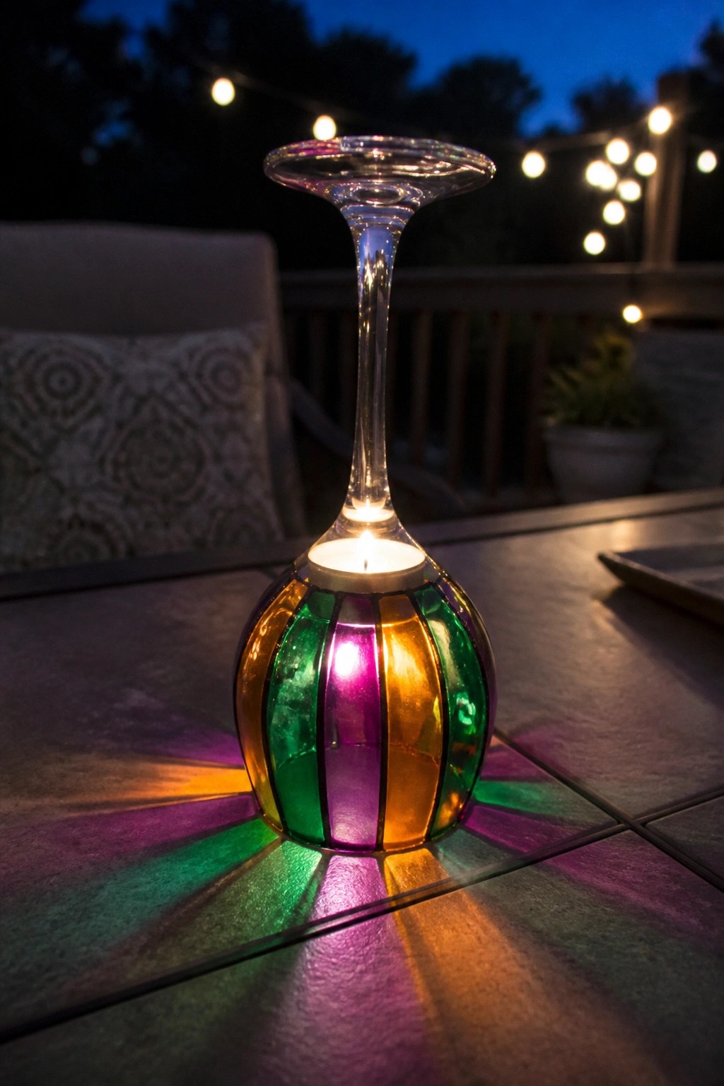 Inverted wine glass with colorful stained-glass base holding lit candle on patio table