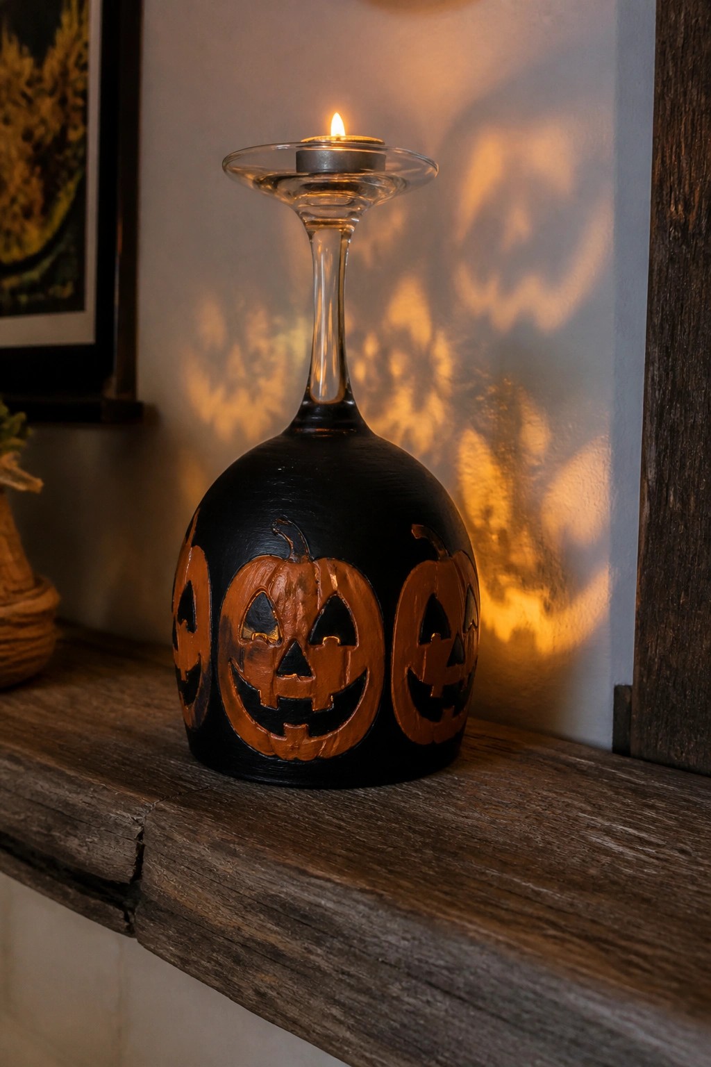 Black wine glass with orange jack-o-lanterns holds lit candle, casting pumpkin shadows.