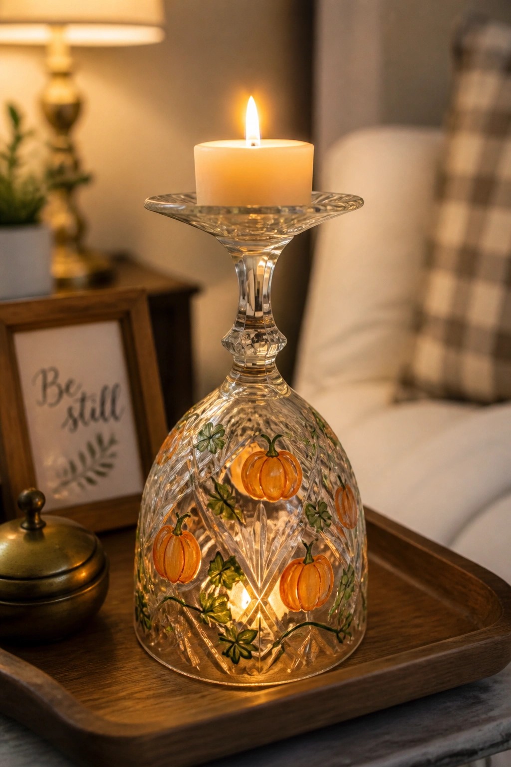 Lit white candle on glass holder painted with pumpkins and leaves on wooden tray