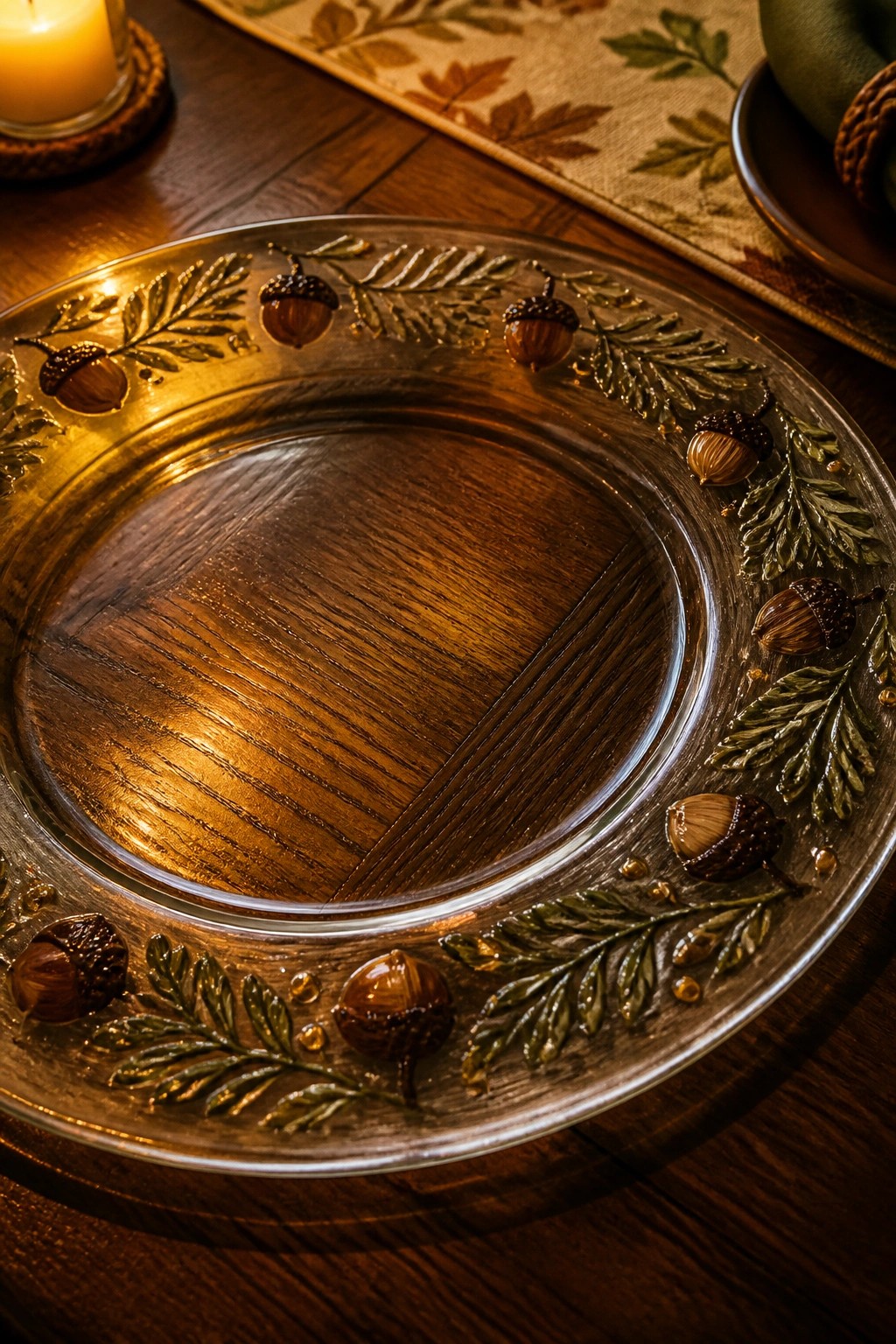 Ornate glass plate with embossed acorns and leaves on wooden table by candlelight
