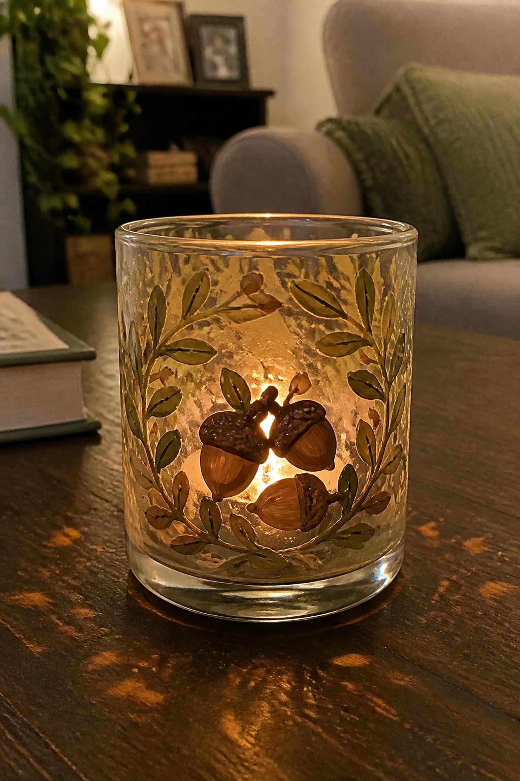 Lit candle glowing in glass holder with painted acorns and leaves on wood table