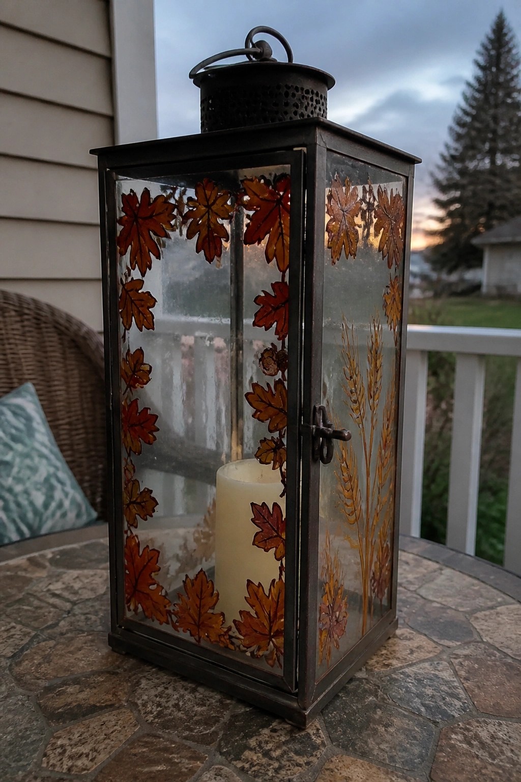 Black metal lantern with orange autumn leaves and wheat designs holds white candle on stone table.