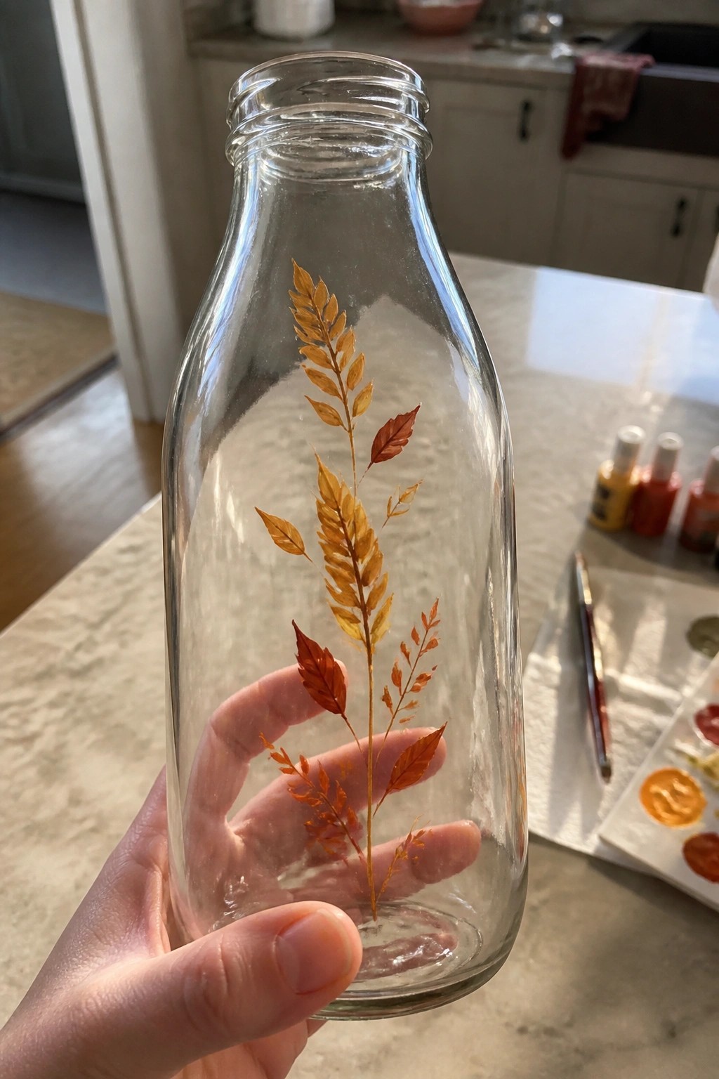 Hand holding clear glass bottle with painted autumn leaves in orange and yellow.