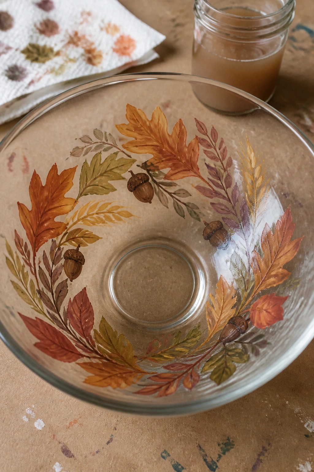 Glass bowl with hand-painted autumn leaves and acorns beside a jar.