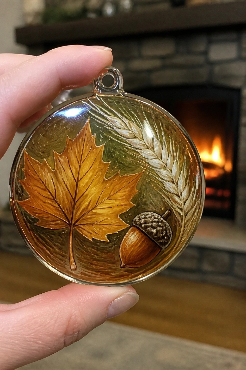 Hand holding glass ornament painted with autumn maple leaf, wheat, and acorn by fireplace