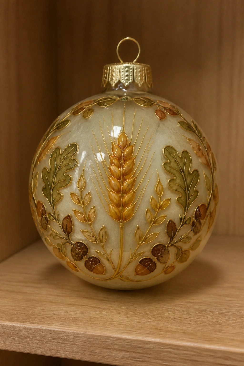 Ornate cream ornament with gold wheat, oak leaves, acorns, and foliage on wood shelf.