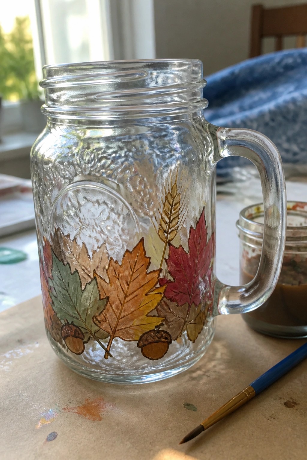Glass mason jar hand-painted with colorful autumn leaves, acorns, and wheat beside paintbrush.