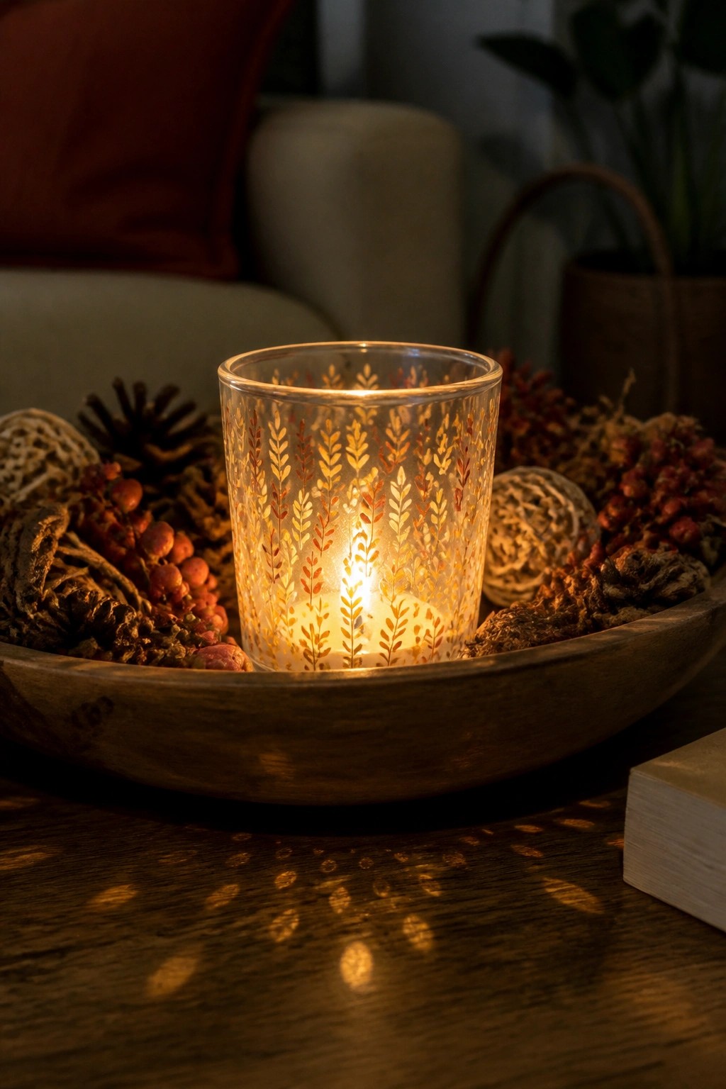 Lit candle glows through leaf-patterned glass in wooden bowl with pinecones and berries.