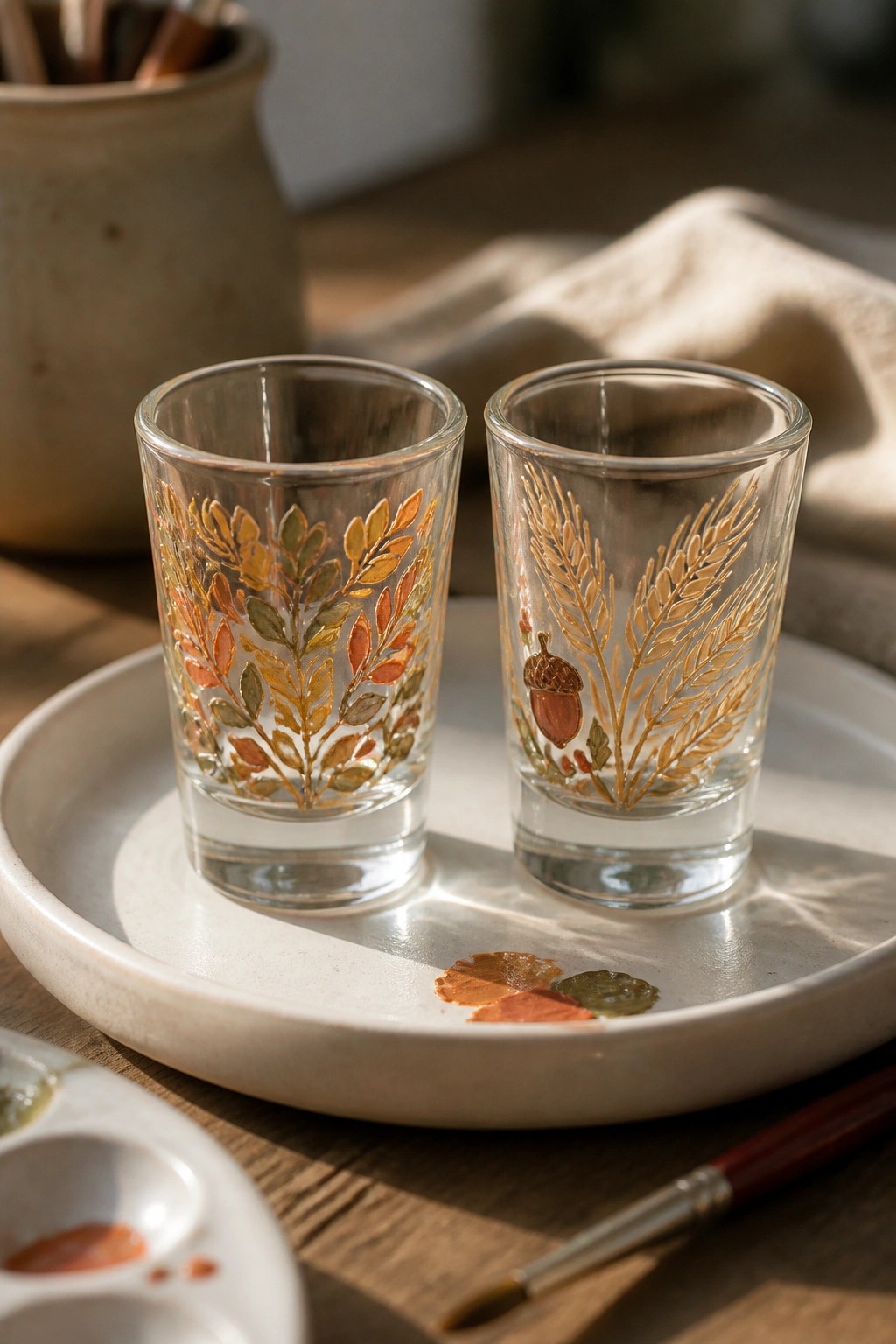 Two hand-painted glasses with golden leaves and acorn on a white tray beside paintbrush