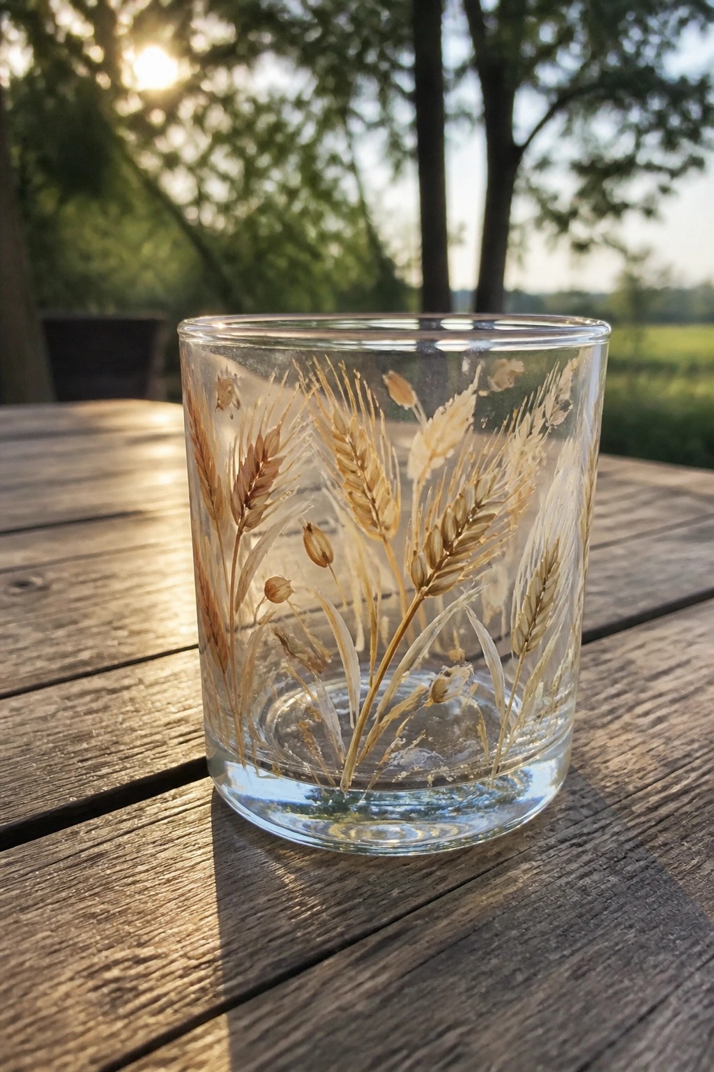 A short clear glass tumbler with wheat stalks painted on the side sitting on a wooden table.