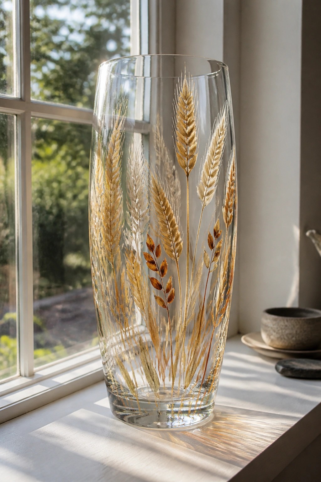 Tall glass vase with golden wheat stalks on sunlit windowsill