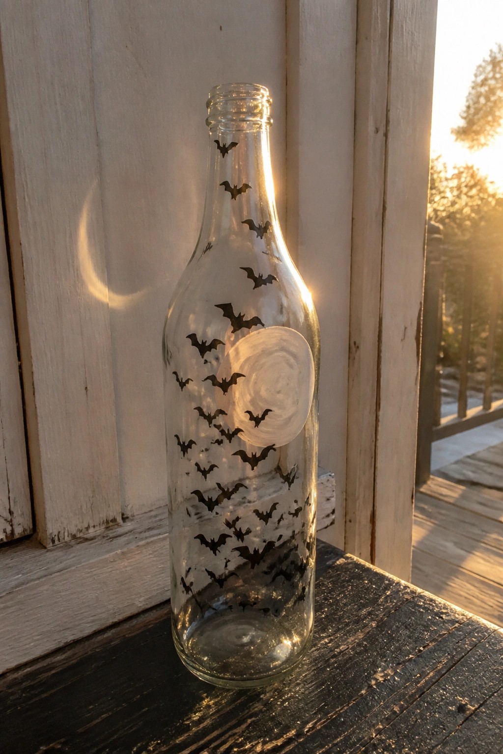 Clear glass bottle with black bat silhouettes and white moon on sunlit wooden surface