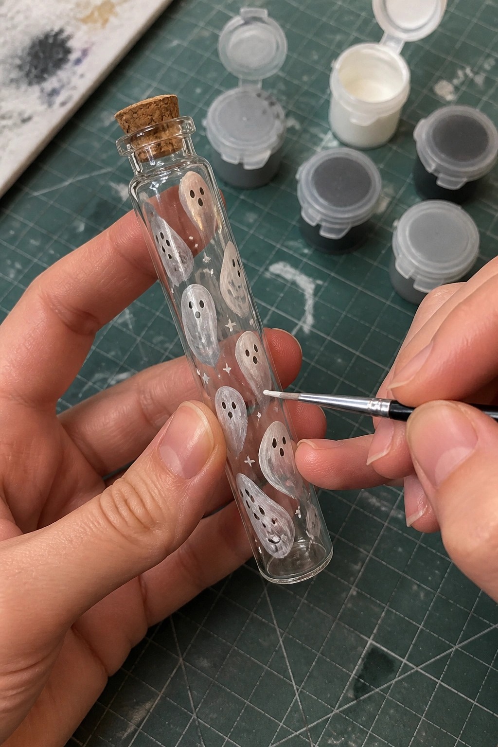 Hands painting white ghosts and stars on a small glass bottle with a brush