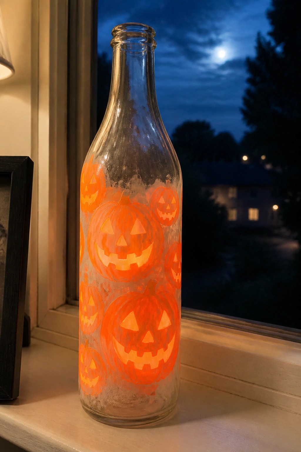 Glass bottle with glowing orange jack-o'-lanterns on moonlit windowsill at night