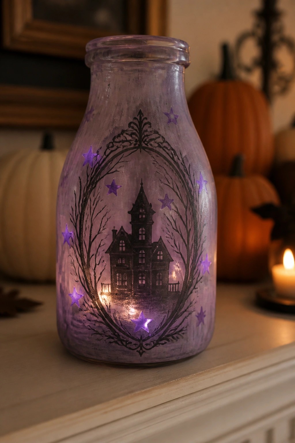 A lit purple glass bottle painted with a black haunted house inside a branch wreath and scattered purple stars.