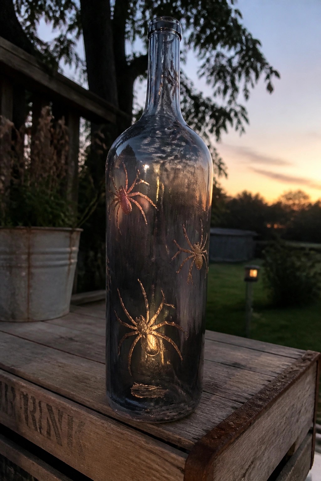 Illuminated glass bottle with golden spiders on wooden crate at dusk