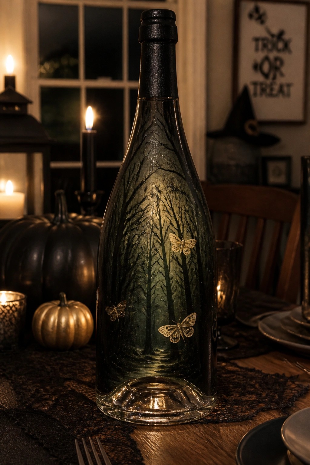 Illuminated dark bottle with etched forest trees and golden butterflies on Halloween table.