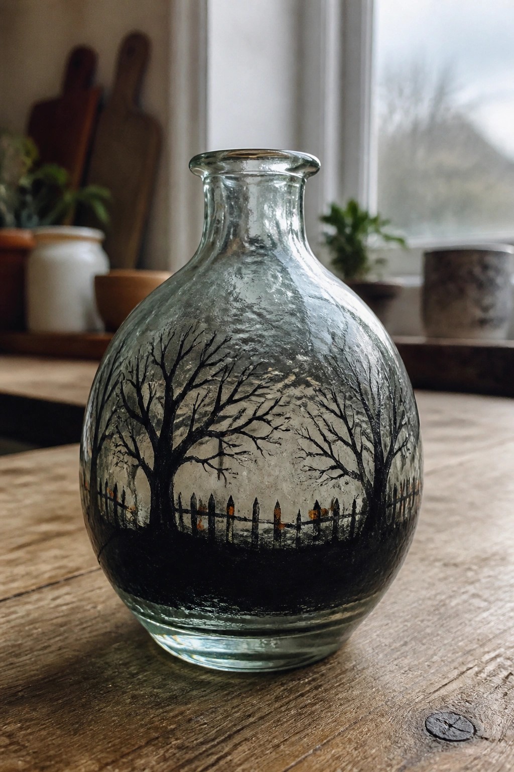 Glass vase painted with bare trees and fence on wooden table