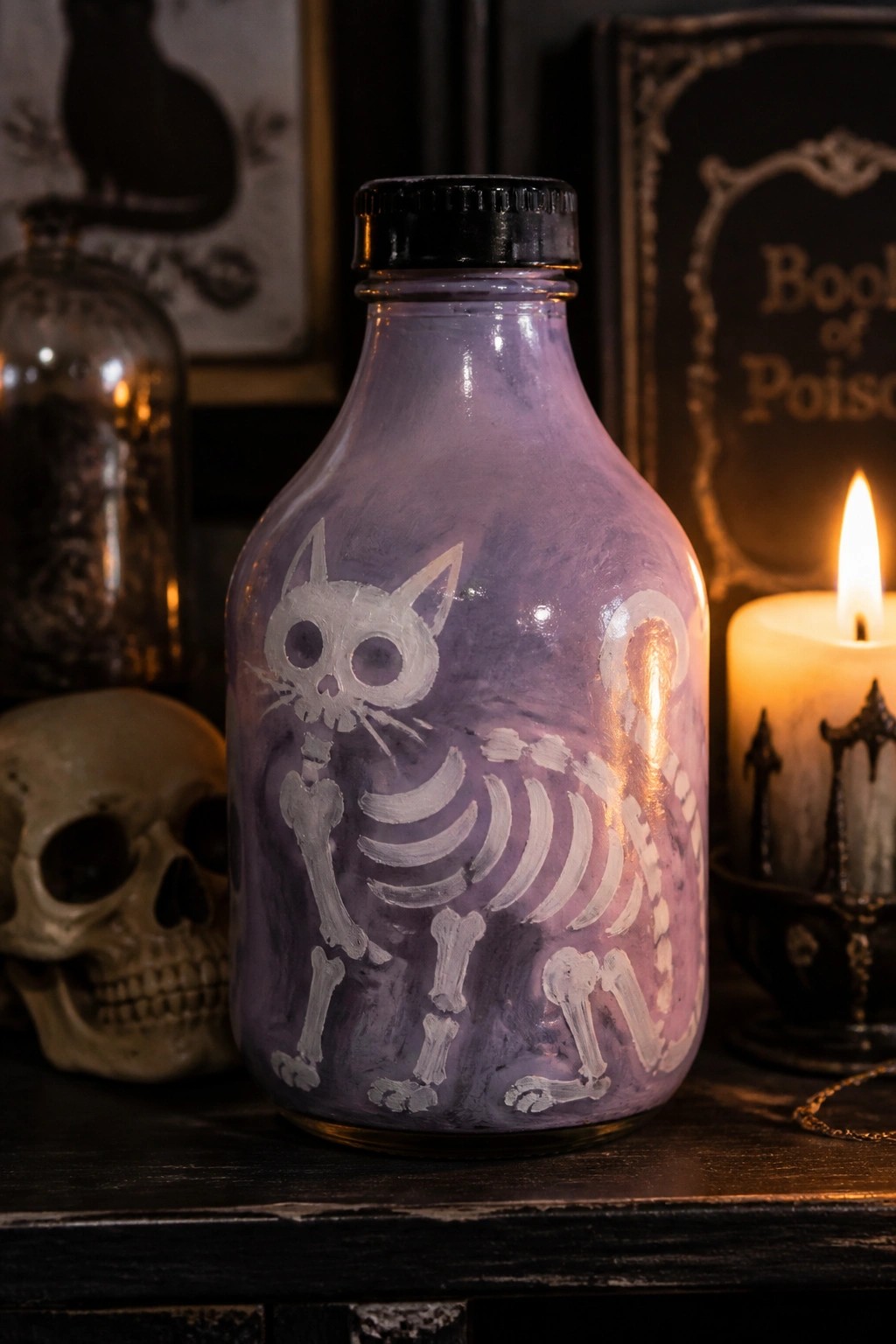 Purple bottle with white cat skeleton beside skull and lit candle on wood