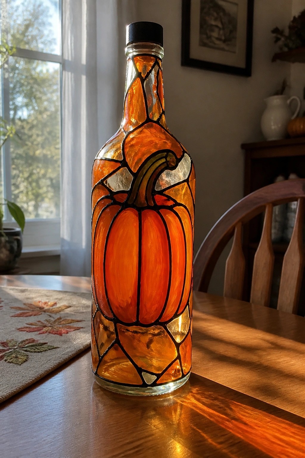 Sunlit glass bottle with orange pumpkin in black-outlined stained glass style on table