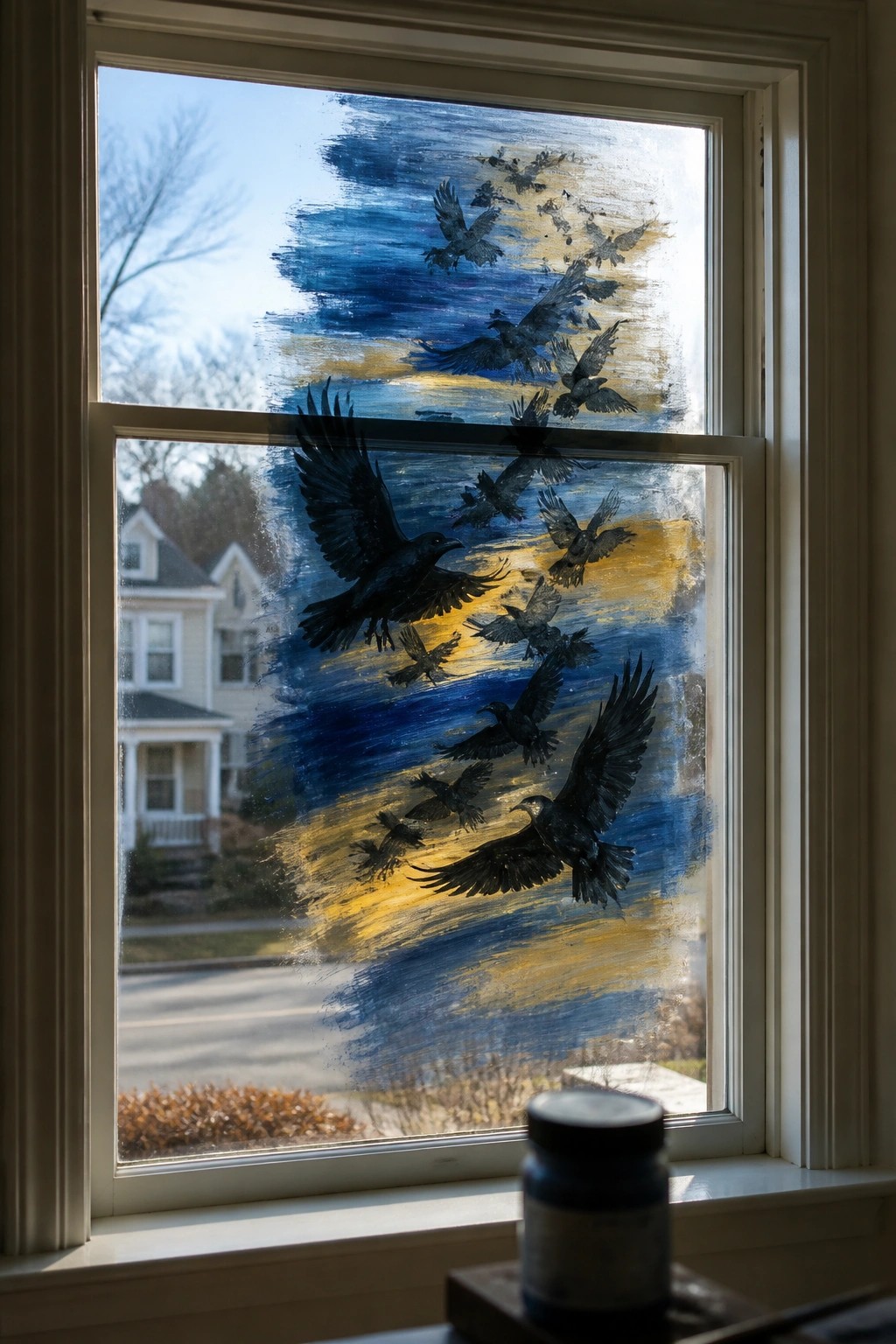 Window with black birds painted over blue and yellow brushstrokes, houses visible outside.