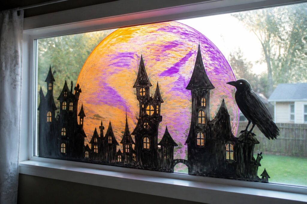 20 Spooky Halloween Window Painting Ideas Featuring Silhouettes and Glowing Colors A house window displays a black castle and crow silhouette against a large orange and purple painted moon.
