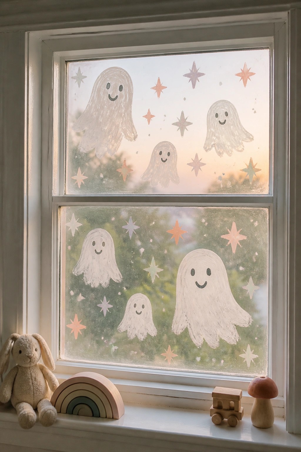 Ghost and star drawings on window above bunny, rainbow, train, mushroom toys