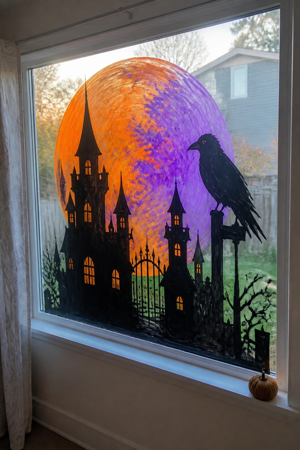 A house window displays a black castle and crow silhouette against a large orange and purple painted moon.