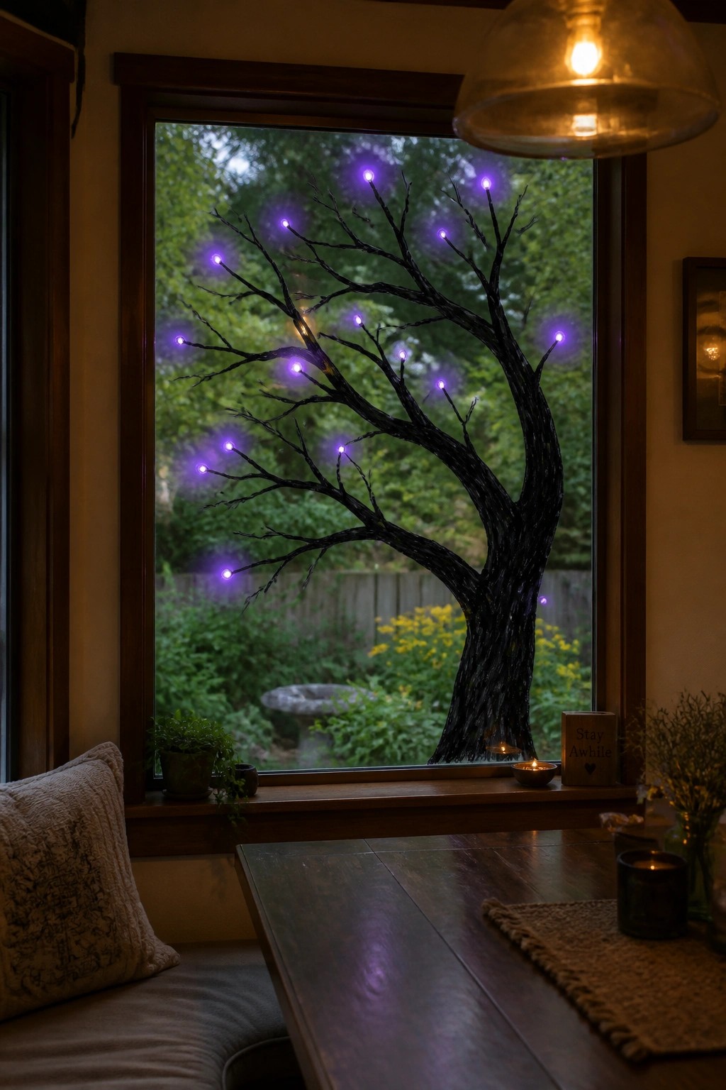 Black tree branch with glowing purple lights in window overlooking garden