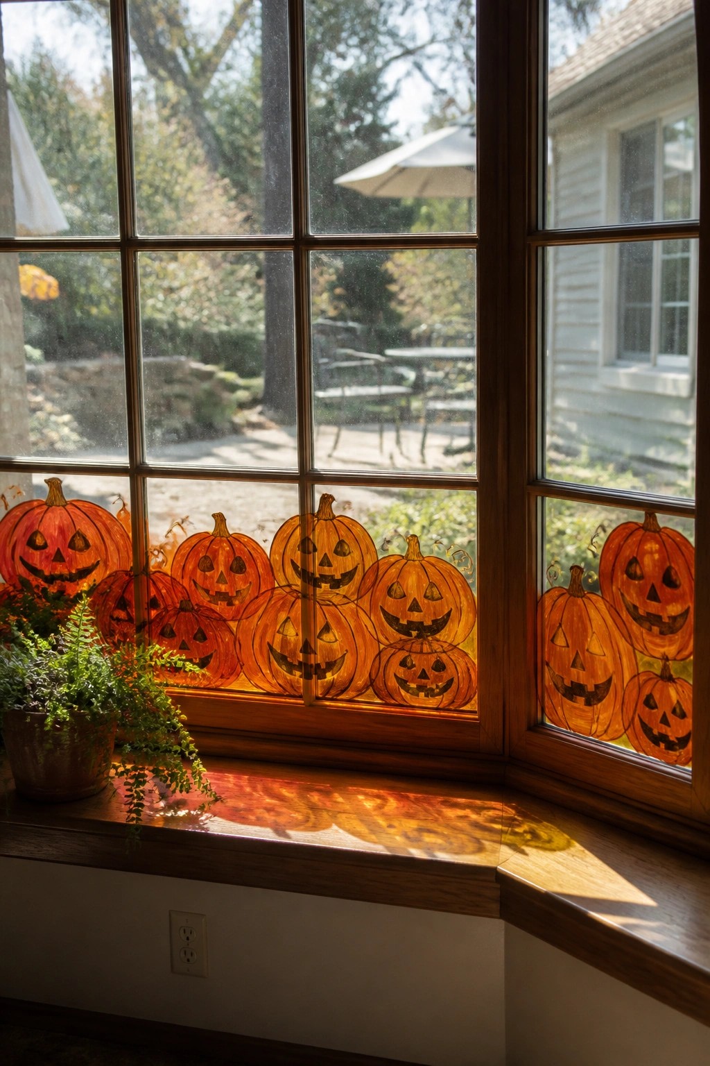 Sunlit window with jack-o'-lantern paintings and potted plant on wooden sill