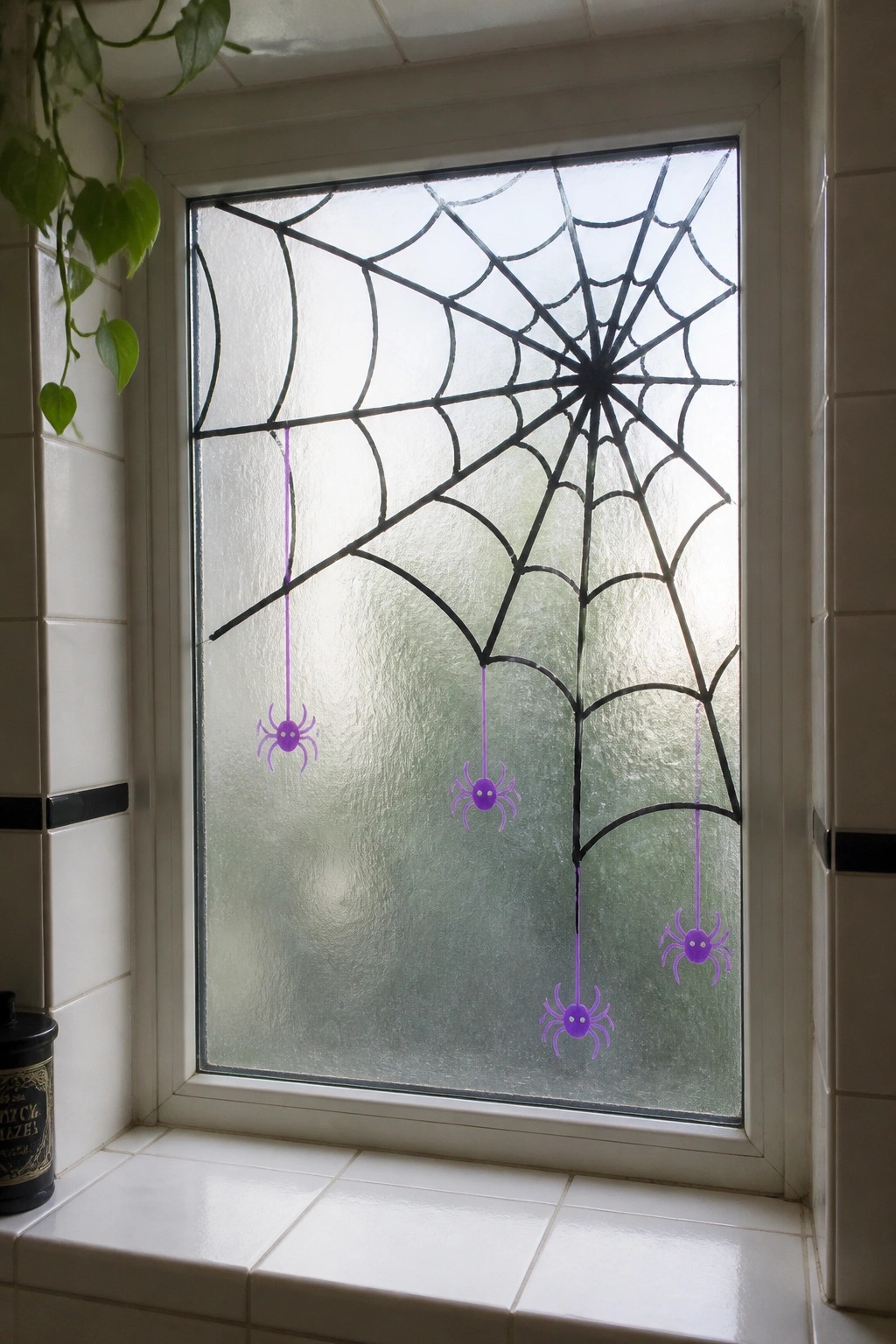 Window with black spiderweb pattern and five purple hanging spiders on frosted glass