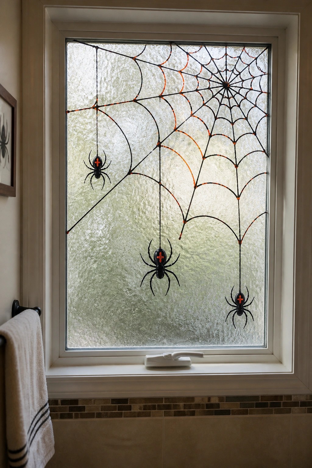 A house window painted with a black and orange spider web and three black widow spiders.