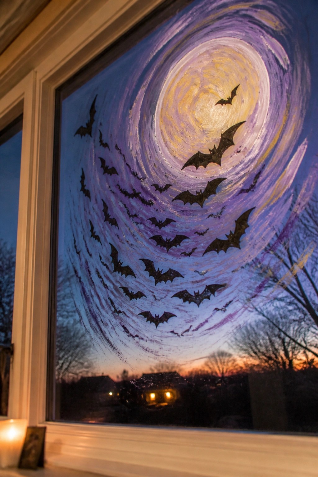 Window with swirling purple-yellow paint, black bats, candle, and dusk neighborhood view.