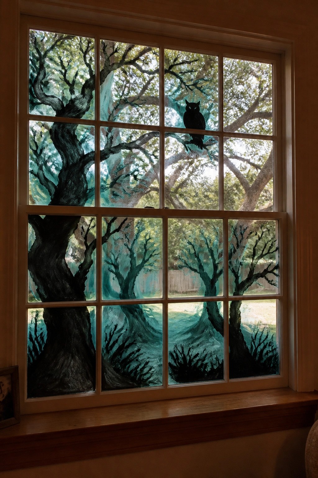 Wooden multi-pane window with teal-black painted trees and perched owl silhouette.