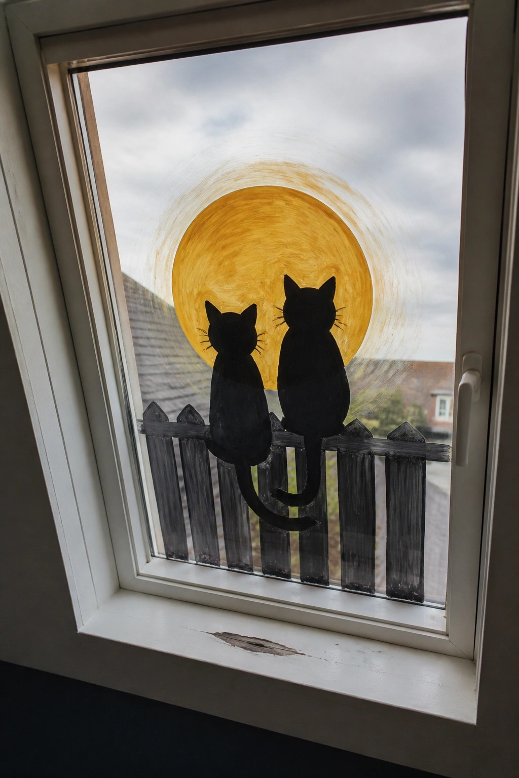 Two black cats on a fence before a large yellow sun painted on a window.
