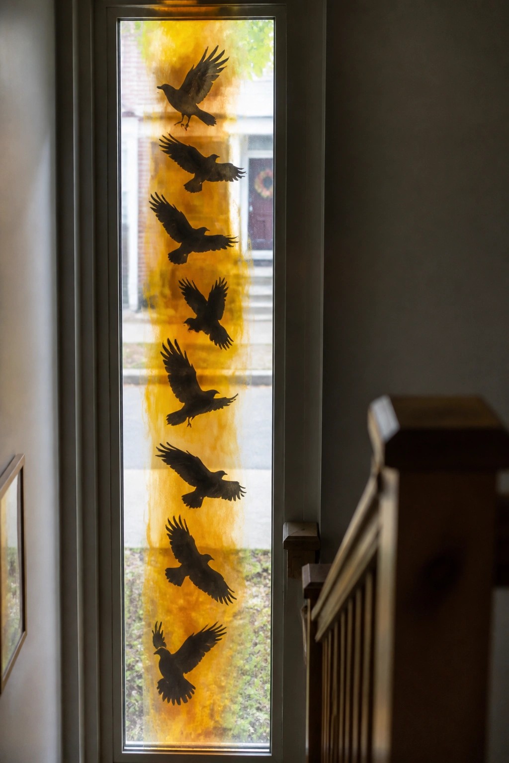 Tall window with orange-yellow glass and vertical row of black bird silhouettes in flight