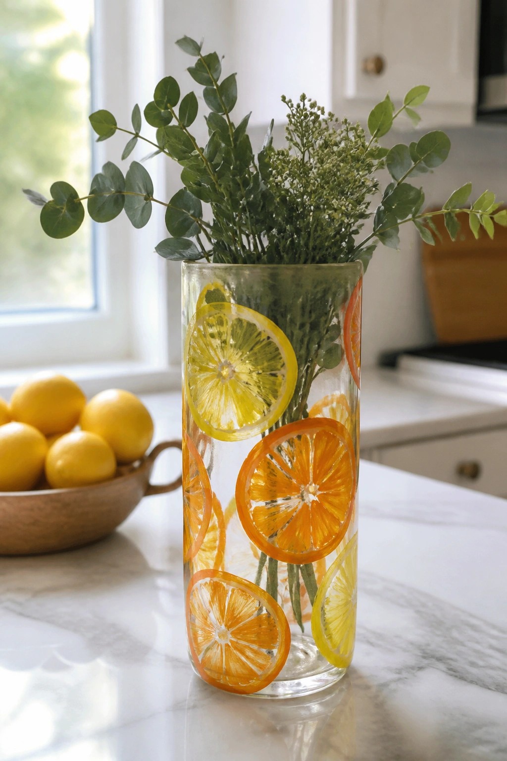 Glass vase with embedded citrus slices holding eucalyptus and flowers on marble counter