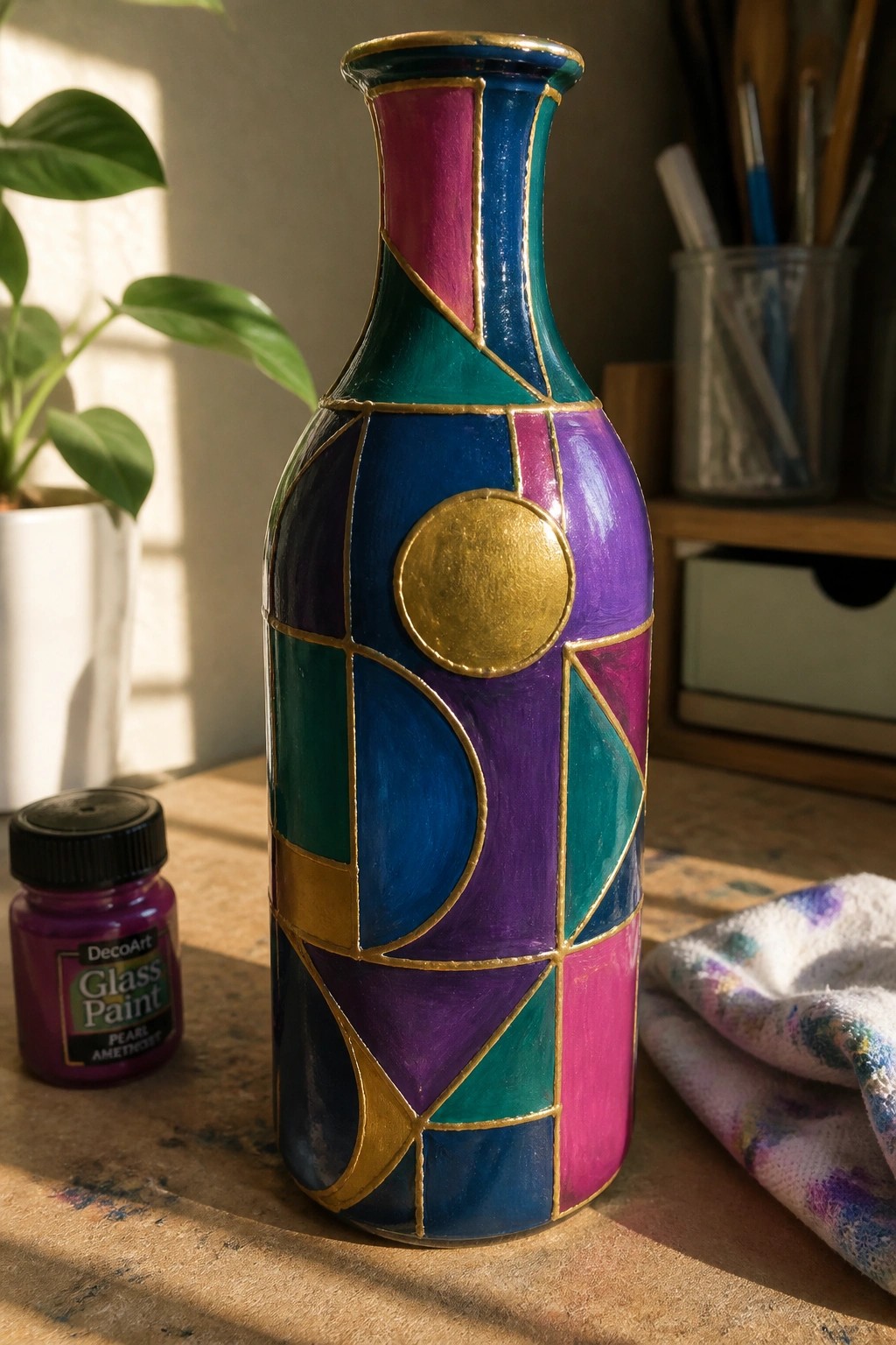 Vibrant geometric-painted bottle in purple, blue, teal with gold accents beside paint jar.