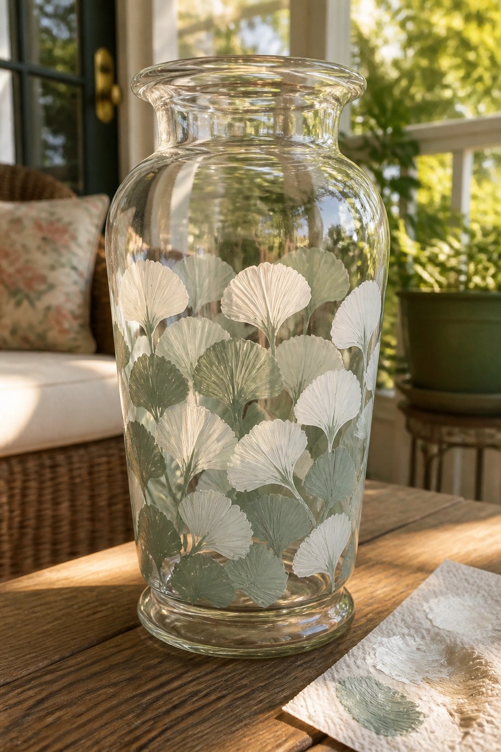 Glass vase with white and green ginkgo leaves on wooden table beside paint samples